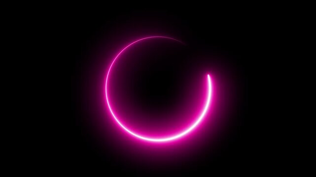 Abstract neon circle animation rotating and glowing against a dark background with futuristic digital.Bright pink neon glowing circle ring abstract background design element.Neon ellipse circle border