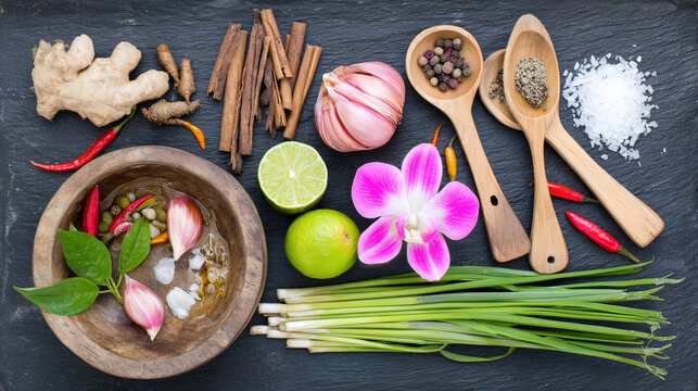 spice. Assortment of fresh Asian ingredients displayed on a rustic stone surface, captured from above. menu design, packaging mockups, designed for culinary blogs and recipe cards for restaurants.
