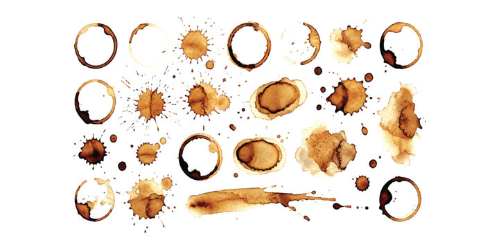 Set of brown coffee and tea cup ring stains and messy drink splashes