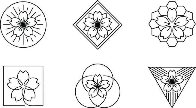 Minimalist Japanese Sakura Cherry Blossom Line Art Icon Set with Geometric Frames for Modern Floral Branding and Asian Cultural Logo Designs