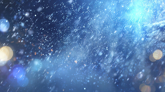 precipitation. Softly falling snowflakes in a winter scene with a cool blue atmospheric glow. travel magazines, destination branding, designed for outdoor magazines and nature guides.
