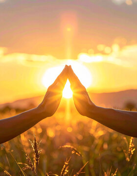 Manos rezando hacia la luz del sol de amanecer en un paisaje c&aacute;lido y sereno. Simbolo de oraci&oacute;n, esperanza, fe, gratitud, confianza y paz interior