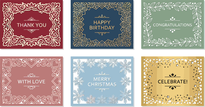 Elegant Laser Cut Greeting Card Template Set with Filigree Borders for Christmas Birthday Wedding Thank You and Celebration Invitation Paper Crafts