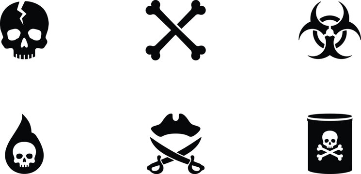 Set of six danger and toxicity vector illustrations featuring cracked skull, crossed bones, biohazard symbol, toxic droplet, pirate hat with swords, and barrel with skull