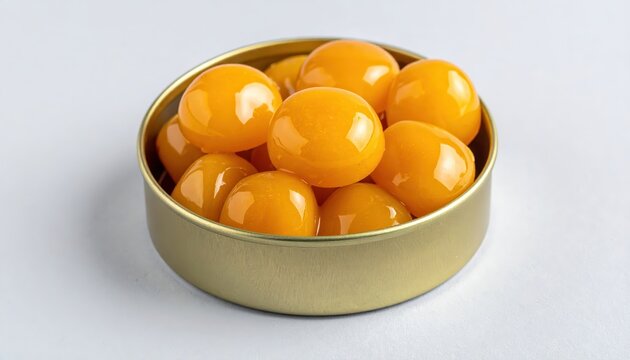 Golden Orange Candies Resembling Polished Amber in a Metal Container
