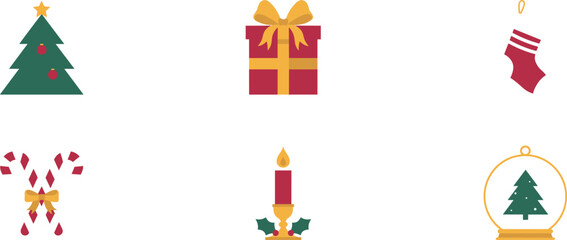 Obraz premium Set of six festive Christmas vector illustrations featuring decorated tree, wrapped gift, stocking, candy canes, candle with holly, and snow globe