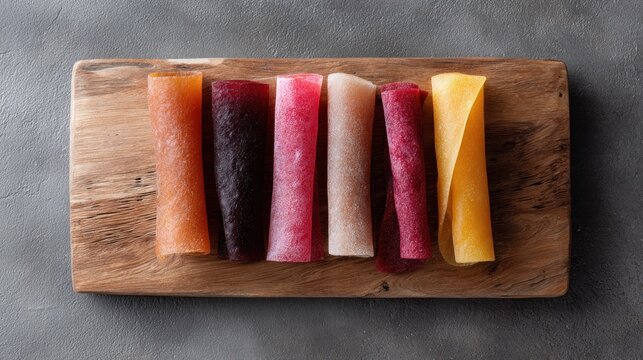 Five assorted rolled fruit leather snacks made of berry and fruit puree on a wooden surface