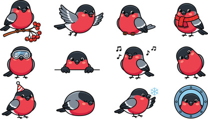 Obraz premium Cute Kawaii Bullfinch Bird Character Set with Happy Winter Cartoon Poses Showing Flying, Singing, and Wearing Scarf for Christmas Greeting Card Graphic Designs