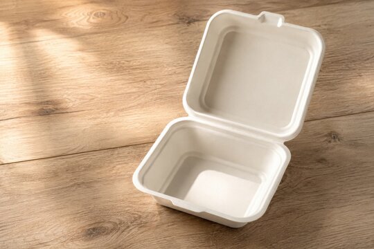 An open, empty eco-friendly paper clamshell takeout container resting on a warm wooden table with natural sunlight. Perfect for sustainable food packaging mockups and restaurant delivery concepts.