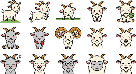 Cute Kawaii Goat and Ram Mascot Character Set with Happy Cartoon Livestock Poses Showing Running, Sleeping, and Wearing Winter Scarf for Sticker Designs © Nayem