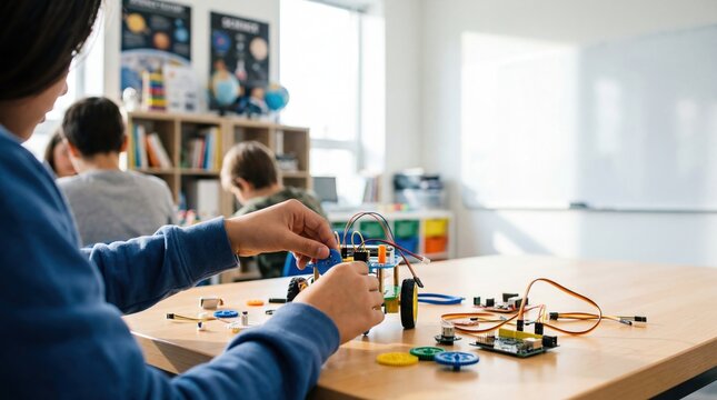 Student assembling robotic car kit with electronic components and wires in classroom, STEM education, engineering workshop, learning technology and coding skills at school.