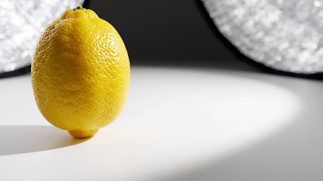 A single fresh yellow lemon standing upright on a white surface with professional studio lighting equipment in the background