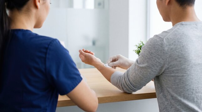 Doctor applying medical transdermal patch to patient arm in clinic, healthcare professional treating skin with adhesive bandage, modern medicine and drug delivery concept.