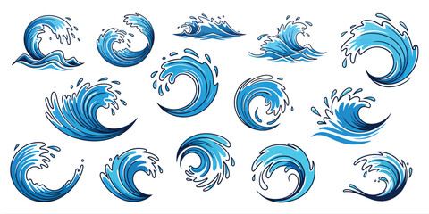 Naklejka premium Waves Crashing Splashing Blue Ocean Cartoon Vector Set Isolated on White