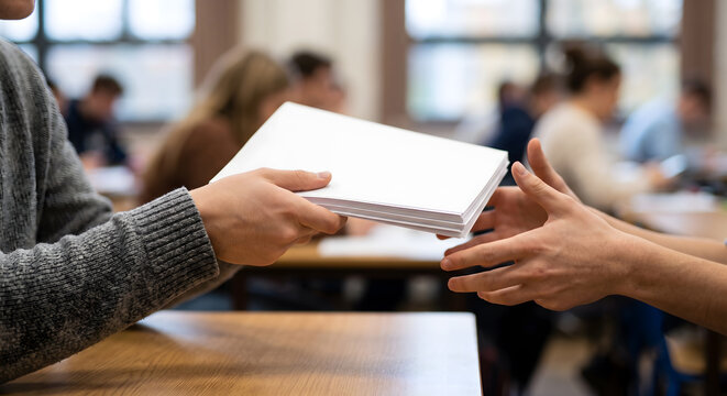 Student passes book to classmate in classroom learning environment cooperation and sharing knowledge concept.