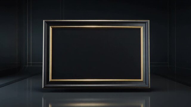 Hovering golden plate rising into ornate upright frame in dark studio showcasing corner flares