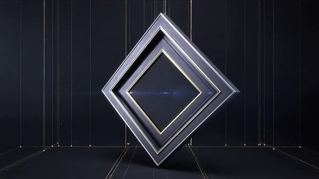 Clip starting metal diamond rotating and settling over studio floor creating depth with gold trim