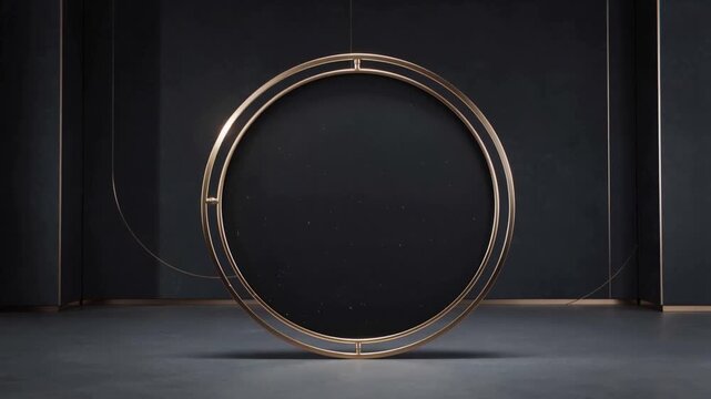 Pulling back shot revealing gold ring rotating in studio, exposing star field, bracket and cable