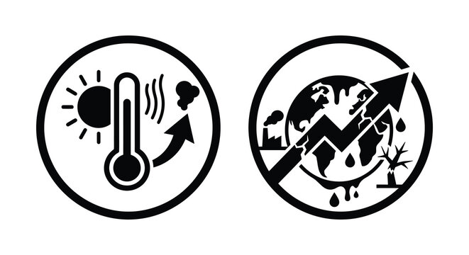 Climate Change Icons Featuring Sun Thermometer Globe And Rising Graph Silhouette global warming weather temperature heat