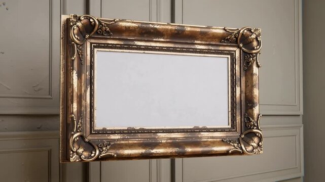Floating gilded frame rotating toward camera in studio, showing blank offwhite insert, dust