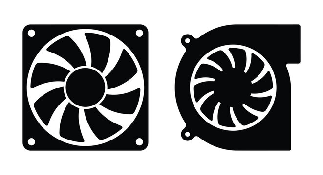 Two computer cooling fans depicted as black silhouettes on a white background silhouette fan axial blower