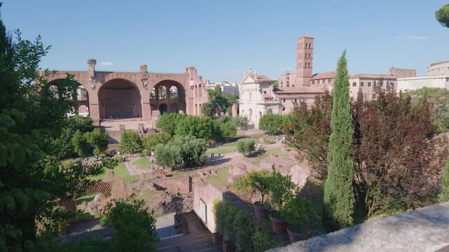 Panoramic View of the Roman Forum and Basilica of Maxentius from Garden Overlook, Rome