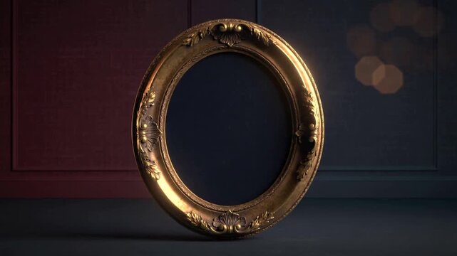 Rotating ornate oval gold frame following curtain movement on paneled floor, showing carved relief