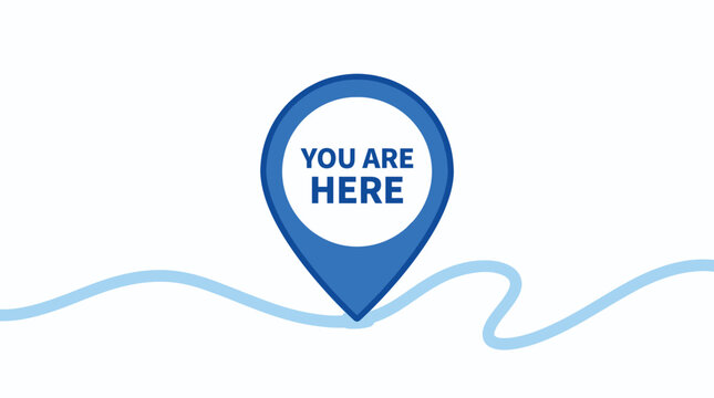 Blue map pin icon with text you are here on a white background.