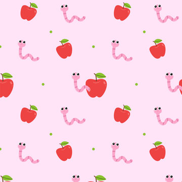 Cute pink worms and red apples seamless pattern with small green spots on pastel background for kids nursery decor and fabric print