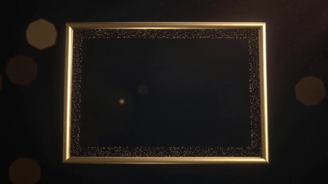Appearing thin bar initiating golden frame forming on dark stage, particles clustering for content