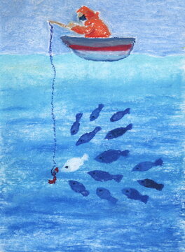 Fisherman in the boat on the sea with flock of fishes