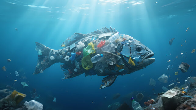 Giant fish made of plastic waste in ocean