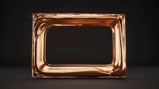 Stretching right, molten gold ribbon forming frame on matte black base, ejecting sparks and flare