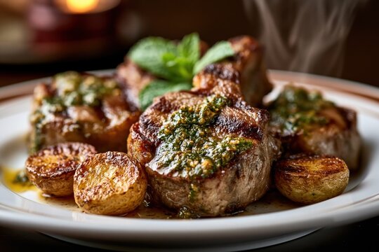 Close-up of hot seared lamb chops and roasted potatoes steaming on a plate, under a spotlight