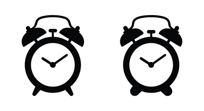 Two black silhouette depictions of classic twin bell alarm clocks on a white background silhouette clock