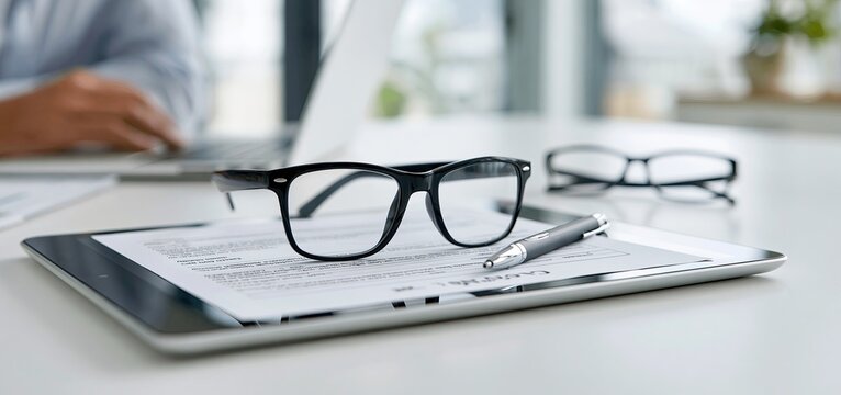 Healthcare claim documents on a tablet with digital pen and glasses, focusing on insurance processing and medical billing.