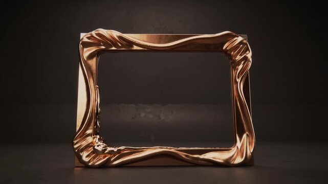 Flowing molten metal entering left edge, filling gilded frame, settling into pool in studio