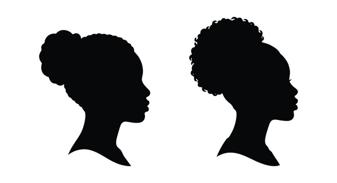Two female head silhouettes in profile with textured hair a graphic black and white silhouette african