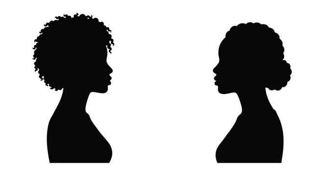 Two female head silhouettes with differing hairstyles against a white background silhouette african american descent black