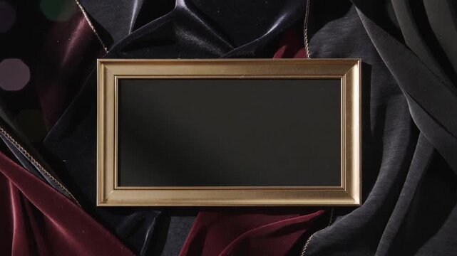 Zooming camera showing gold frame, black panel expanding in set to show shine, velvet piping, bokeh