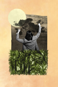Banner sketch image collage of anonym girl stand back cellophane bag plastic pollution environment activist care concept