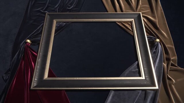 Rotating ornate frame responding to light cue tilting in studio, revealing gilded trim and drapery