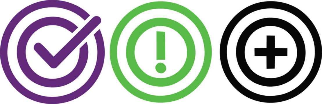 Vector icons set check mark exclamation point and plus sign