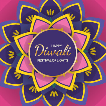 Diwali festival of lights holiday card with Rangoli, diya, lotus flowers. Bright background for web banner, poster, social media