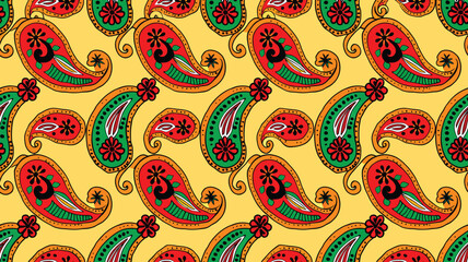 Naklejka premium Paisley Seamless Pattern with Red Green and Yellow Colors, Traditional Vector Illustration