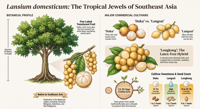 Educational infographic exploring Lansium domesticum, including langsat and duku, their botany, nutrition and cultivation.