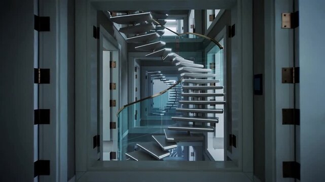 Moving camera revealing floating spiral staircase with lit treads, creating depth