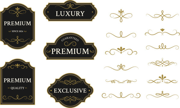 Elegant black and gold labels with classic ornamental dividers. Vintage badges set for premium branding and luxury packaging. Perfect for cosmetics, perfume, skincare, and boutique branding.