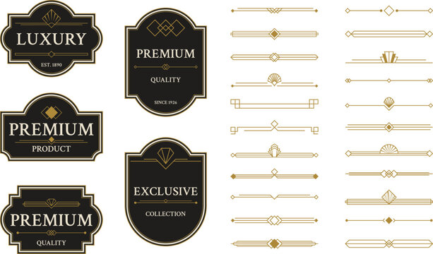Luxury black and gold label set with art deco dividers. Elegant badges for premium branding, vintage packaging and classic product design.