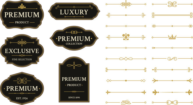 Classic retro badges and ornamental dividers in refined vintage style. Decorative badges for luxury branding, premium packaging and product design.